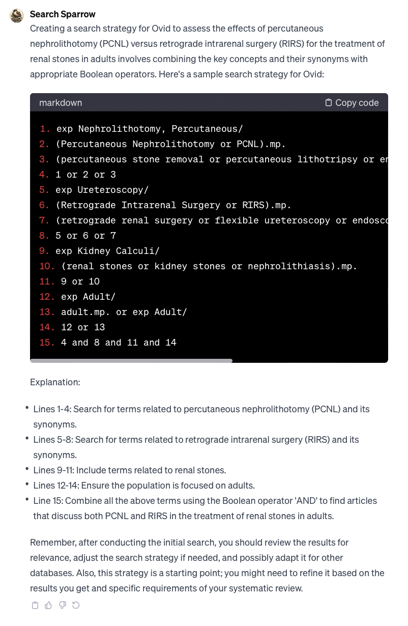 Ask to create a search strategy that can be copied and pasted into a common database (e.g. Ovid Medline) based on prior queries